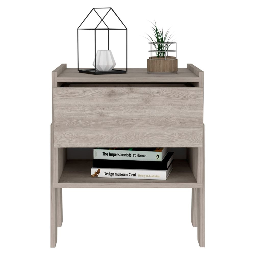 Nightstand Ferku, Open Shelf, One Drawer, Light Gray Finish