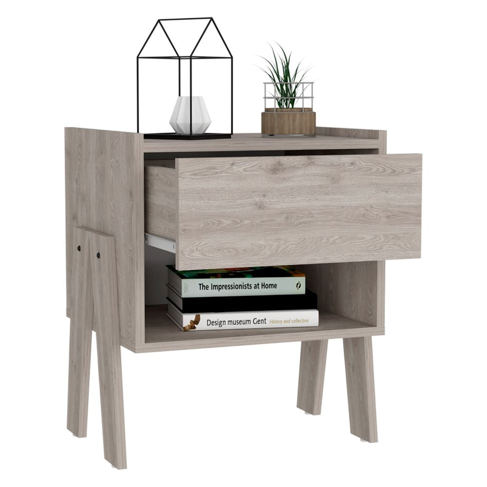 Nightstand Ferku, Open Shelf, One Drawer, Light Gray Finish