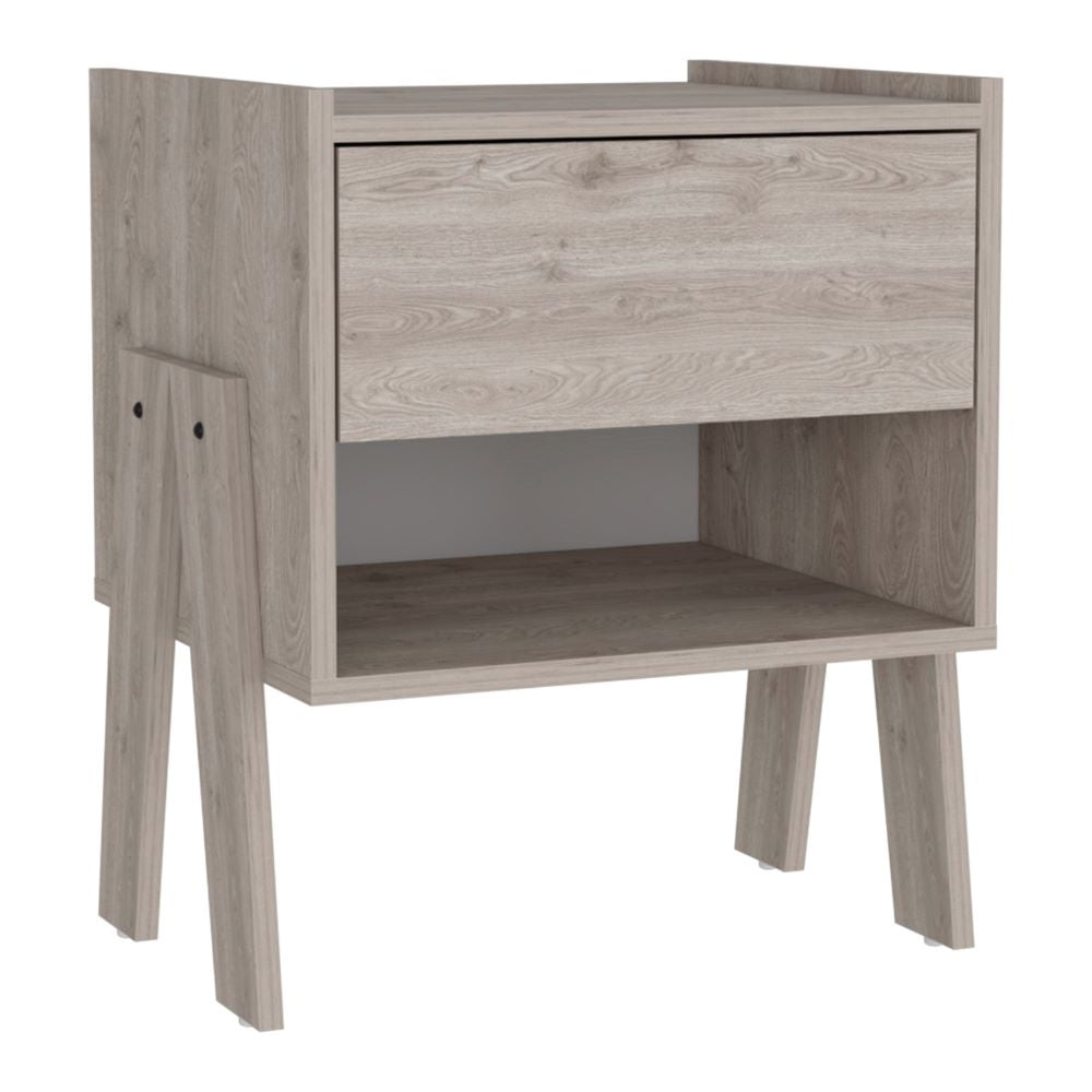 Nightstand Ferku, Open Shelf, One Drawer, Light Gray Finish