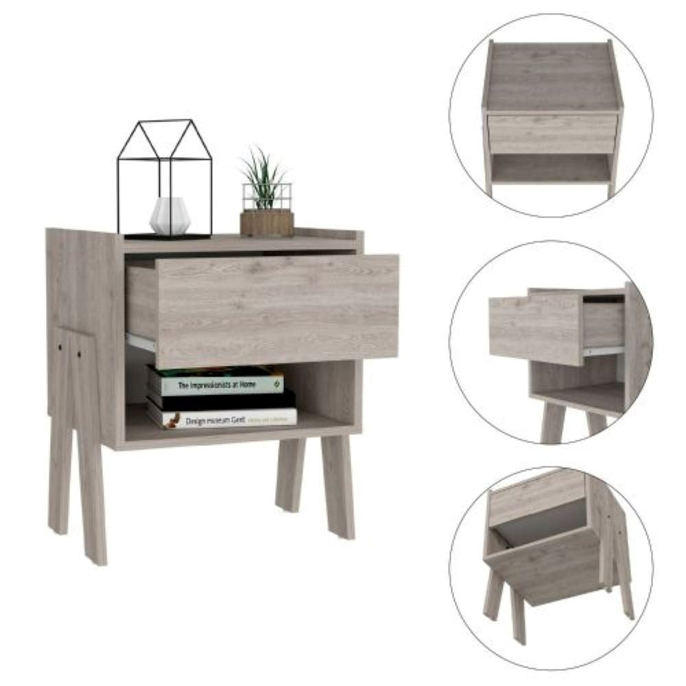 Nightstand Ferku, Open Shelf, One Drawer, Light Gray Finish