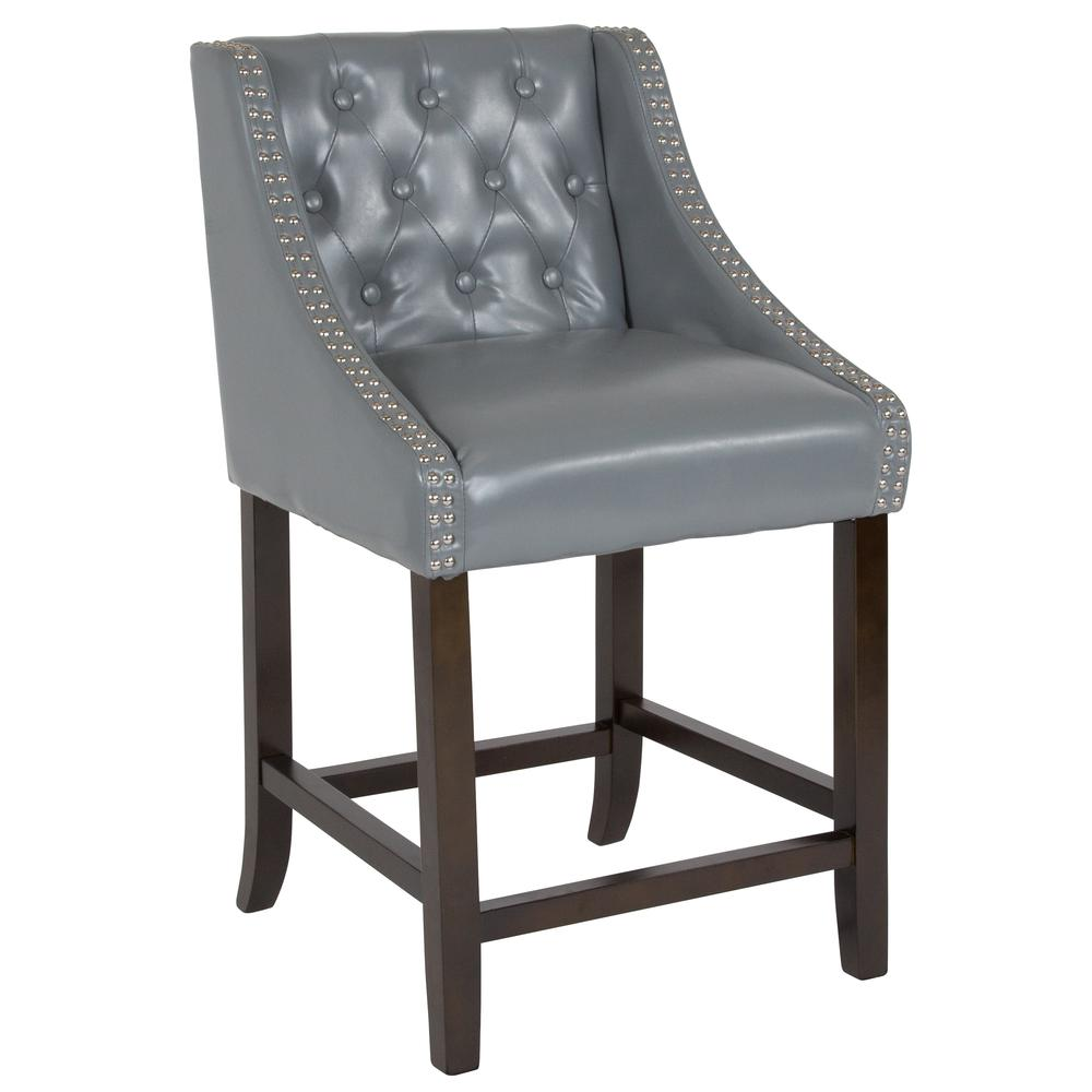 Carmel Series 24" High Transitional Tufted Walnut Counter Height Stool with Accent Nail Trim in Light Gray LeatherSoft