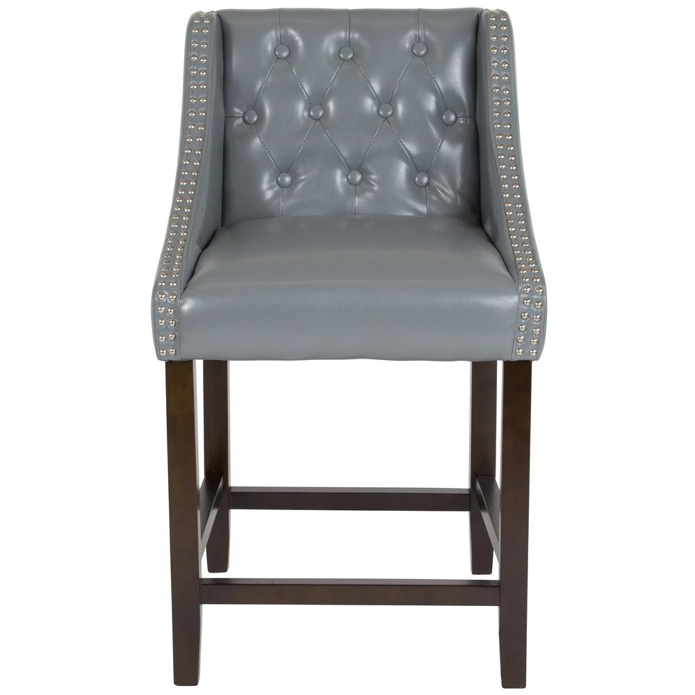 Carmel Series 24" High Transitional Tufted Walnut Counter Height Stool with Accent Nail Trim in Light Gray LeatherSoft