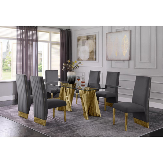 Classic 7pc Dining Set w/Pleated Side Chair, Glass Table w/ Gold Spiral Base, Dark Grey