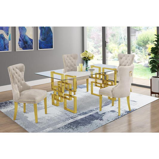 Classic 5 Piece Dining Set With Glass Table Top and Stainless Steel Legs, Beige