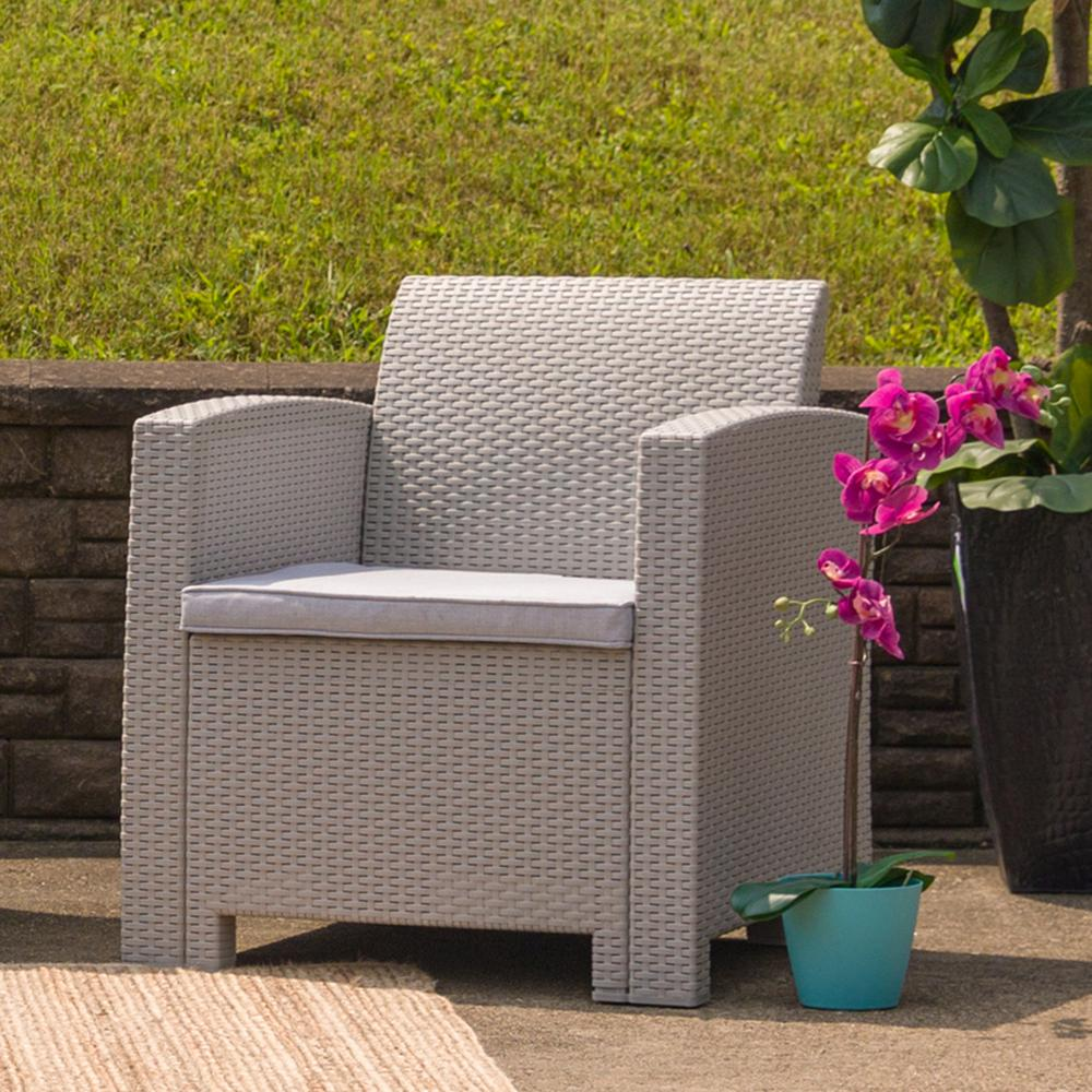 Cheli Light Gray Faux Rattan Chair with All-Weather Light Gray Cushion