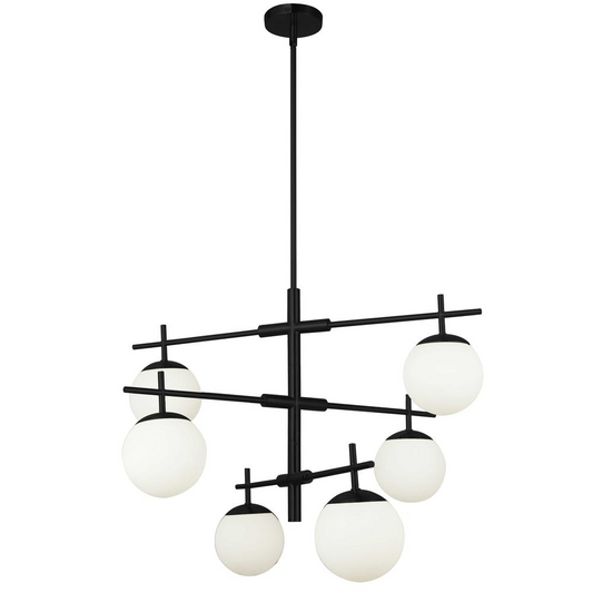 6 Light Halogen Chandelier, Matte Black with White Opal Glass