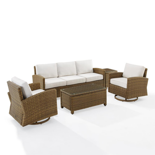 Bradenton 5Pc Swivel Rocker And Sofa Set - Sunbrella White/Weathered Brown - Sofa, Coffee Table, Side Table, & 2 Swivel Rockers