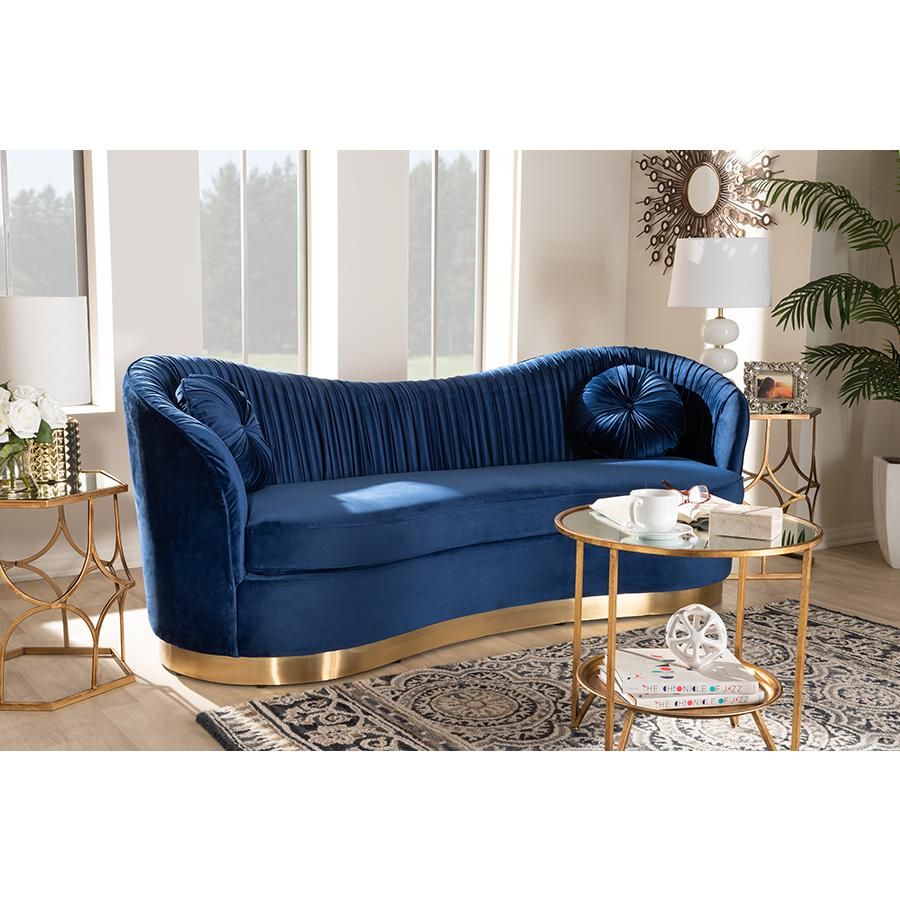 Nevena Glam Royal Blue Velvet Fabric Upholstered Gold-Finished Sofa