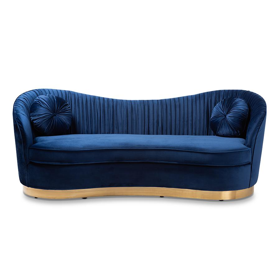 Nevena Glam Royal Blue Velvet Fabric Upholstered Gold-Finished Sofa