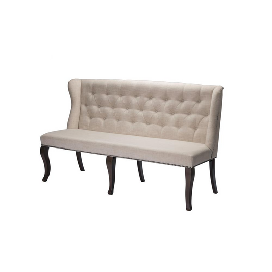 Classic Upholstered Bench in Linen Fabric w/Tufted Style Back & Nailhead Trim, Beige