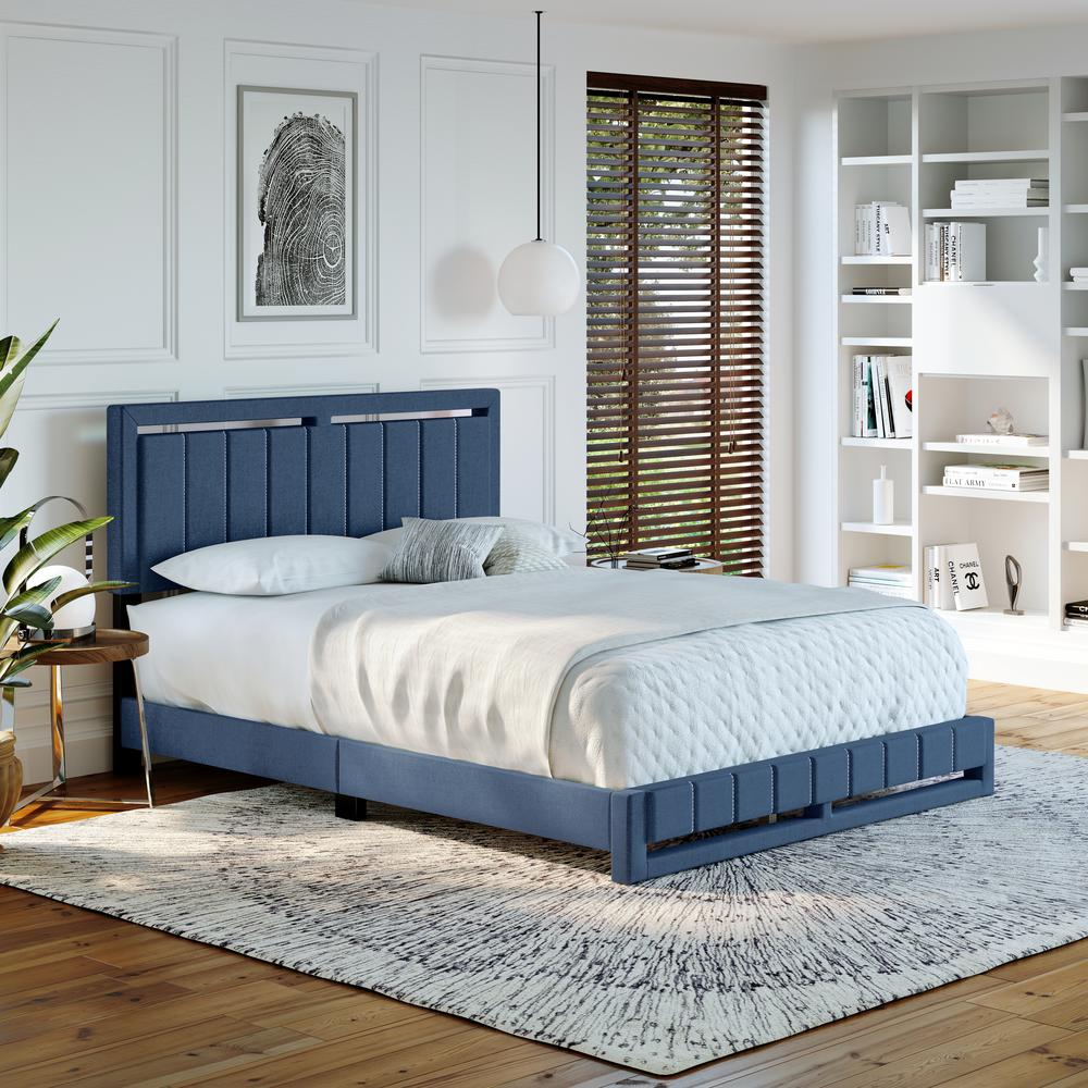 Senata Upholstered Linen Platform Bed, Queen, Blue