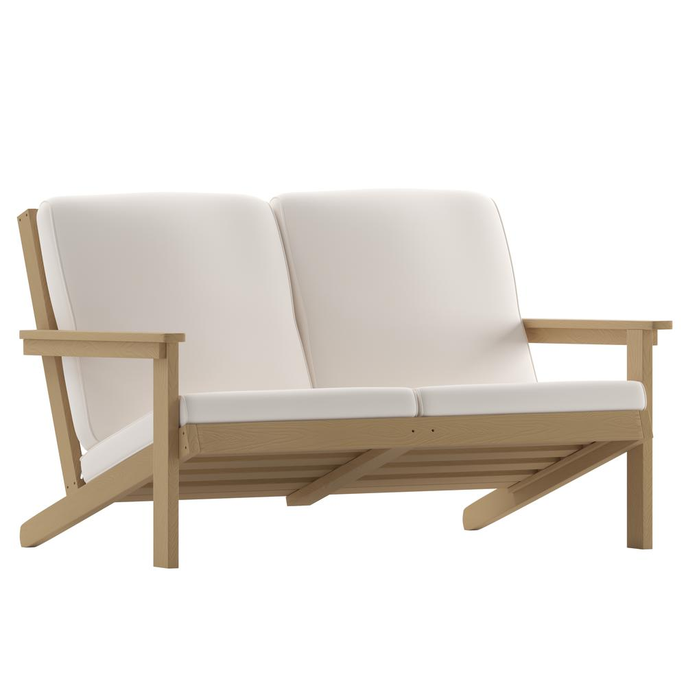 Charlestown All-Weather Poly Resin Wood Adirondack Style Deep Seat Patio Loveseat with Cushions, Natural Cedar/Cream