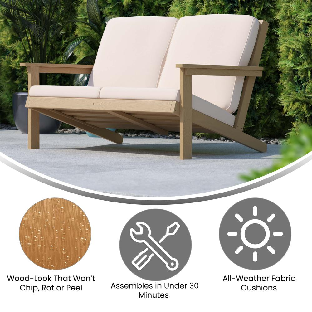 Charlestown All-Weather Poly Resin Wood Adirondack Style Deep Seat Patio Loveseat with Cushions, Natural Cedar/Cream