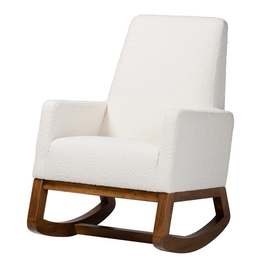 Crescent Off-White Boucle Upholstered and Walnut Brown Finished Wood Rocking Chair