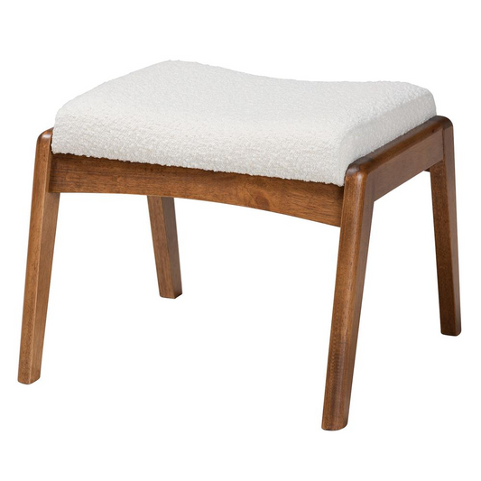 Off-White Boucle Upholstered and Walnut Brown Finished Wood Ottoman Footstool