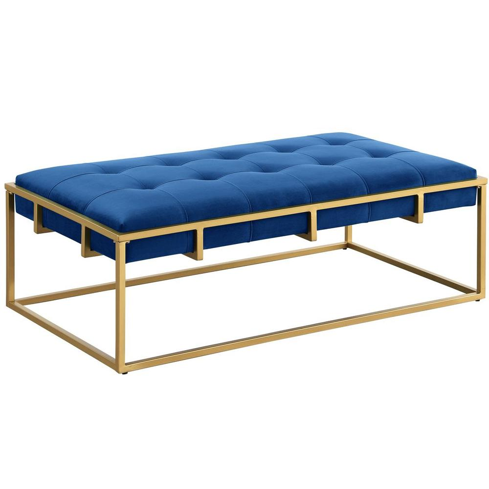 Shalev Velvet Accent Ottoman Navy Blue, Gold