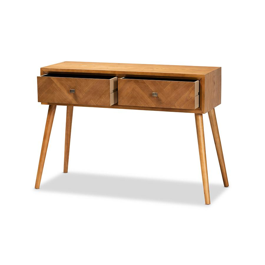 Mae Mid-Century Modern Natural Brown Finished Wood 2-Drawer Console Table