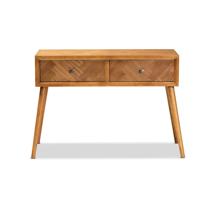 Mae Mid-Century Modern Natural Brown Finished Wood 2-Drawer Console Table