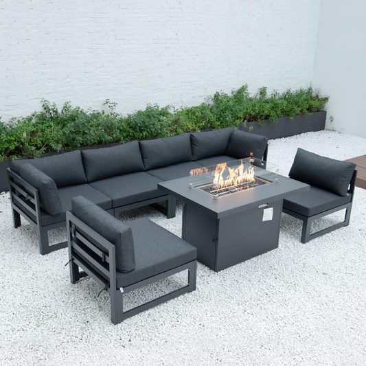Chelsea 7-Piece Patio Sectional And Fire Pit Table Black Aluminum With Cushions