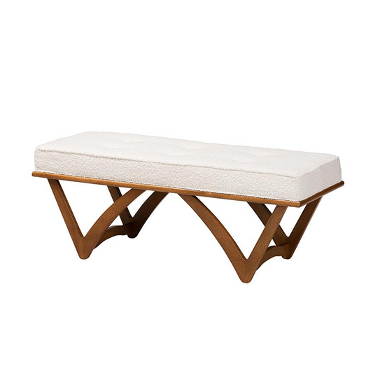 Chenoa Japandi Cream Boucle Fabric and Walnut Brown Finished Wood Bench