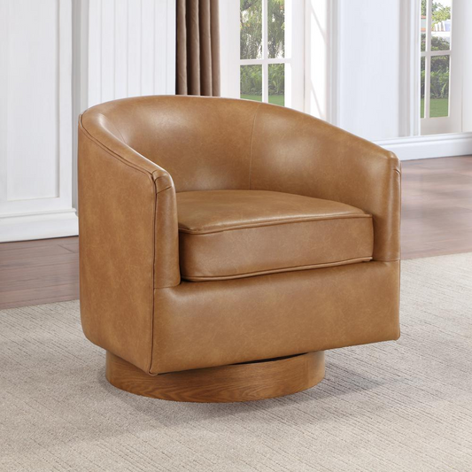 Irving Saddle Faux Leather Wood Base Barrel Swivel Chair