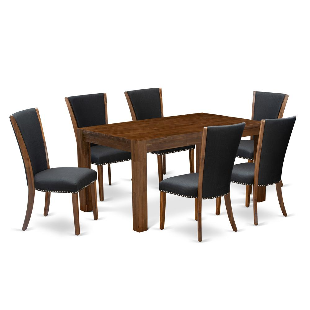 East West Furniture - CNVE7-N8-24 - 7-Pc Dining Room Table Set- 6 Kitchen Parson Chairs and Modern Kitchen Table - Black Linen Fabric Seat and High Chair Back - Antique Walnut Finish