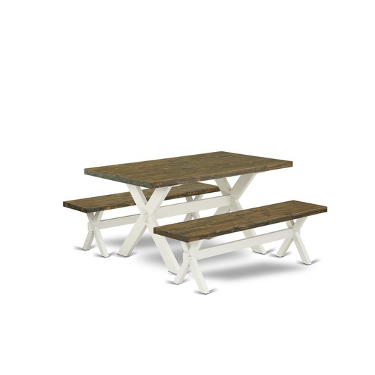 East West Furniture X2-076 3 Piece Dining Table Set - 1 Distressed Jacobean Breakfast Table and 2 Dining Bench - Reliable and Sturdy Construction - Linen White Finish