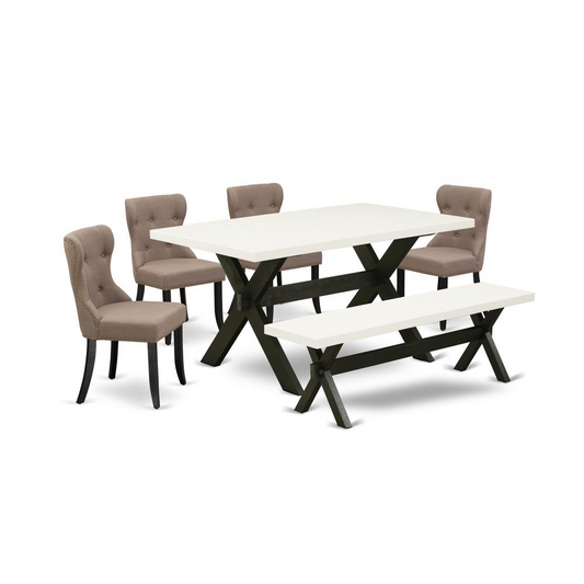 East West Furniture 6-Pc Kitchen Dinette Set-Coffee Linen Fabric Seat and Button Tufted Back Dining Chairs and Rectangular Top Living Room Table and wooden Bench with Wood Legs - Linen White and Wireb