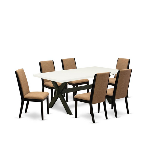 East West Furniture X627LA147-7 7-Piece Awesome Dining Table Set a Superb Linen White Wood Dining Table Top and 6 Stunning Linen Fabric Parson Chairs with Stylish Chair Back, Wire Brushed Black Finish