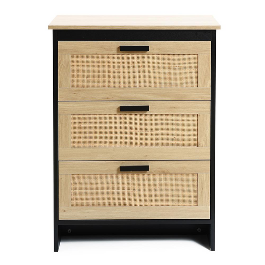 Black and Brown Wood 3-Drawer Rattan Chest