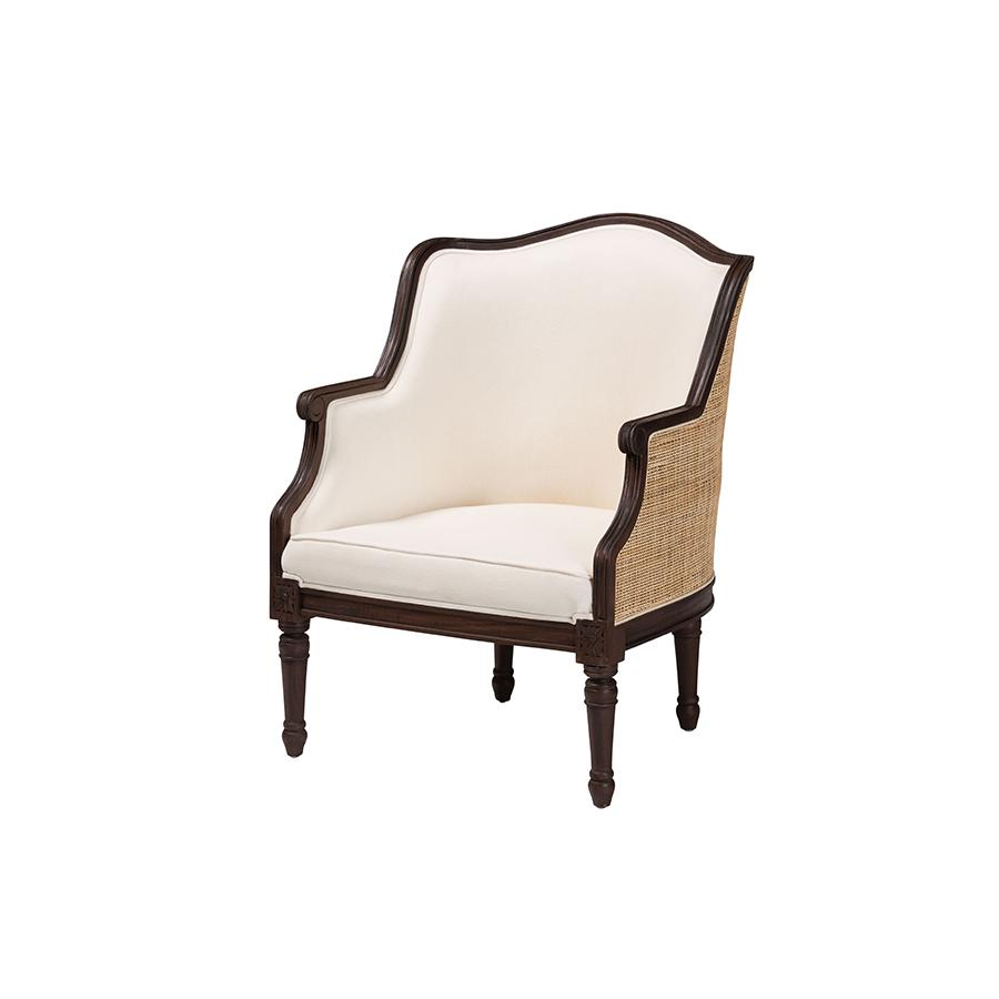 Traditional French Beige Fabric and Dark Brown Finished Wood Accent Chair