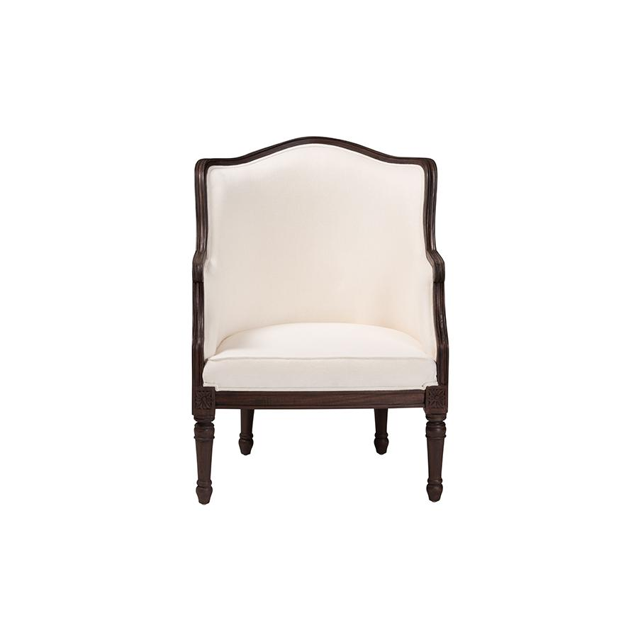 Traditional French Beige Fabric and Dark Brown Finished Wood Accent Chair