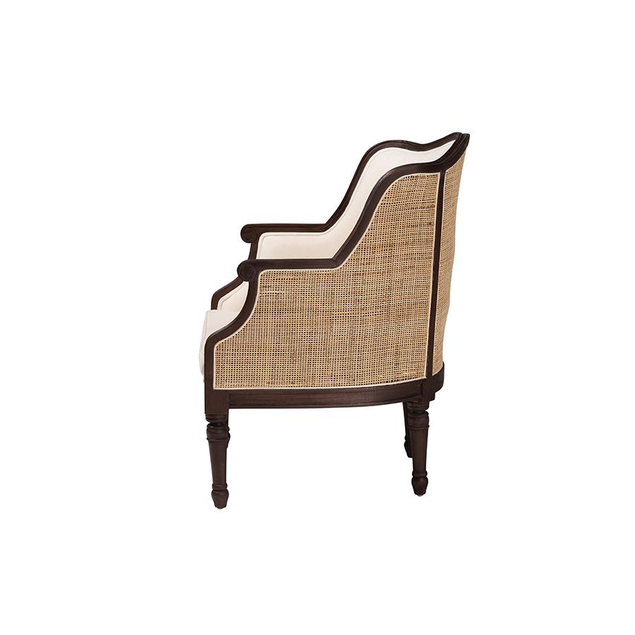 Traditional French Beige Fabric and Dark Brown Finished Wood Accent Chair