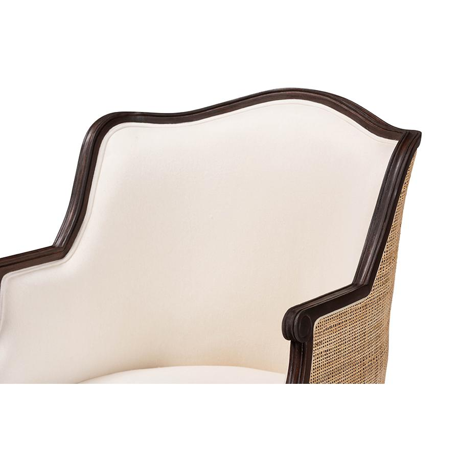 Traditional French Beige Fabric and Dark Brown Finished Wood Accent Chair