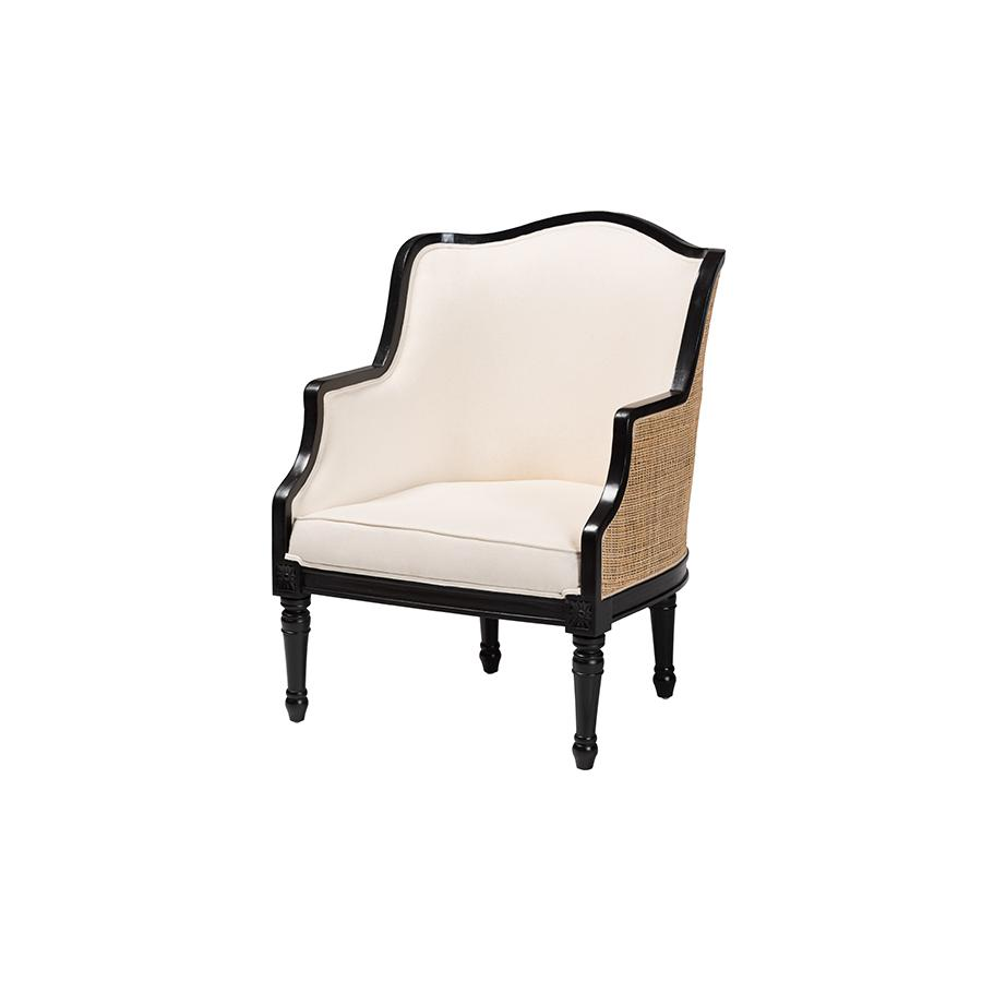 Traditional French Beige Fabric and Black Finished Wood Accent Chair