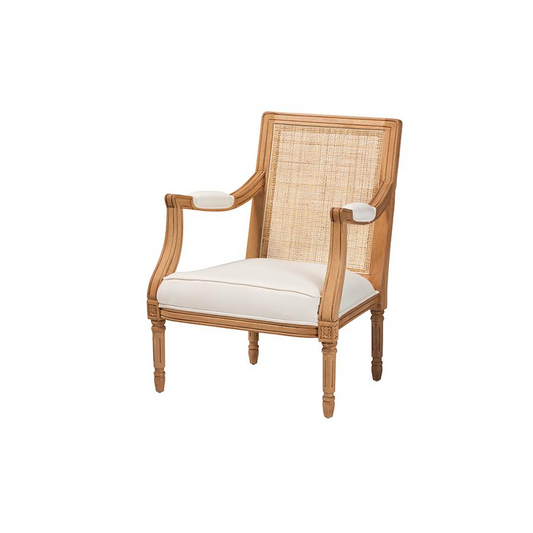 Traditional French Beige Fabric and Honey Oak Finished Wood Accent Chair