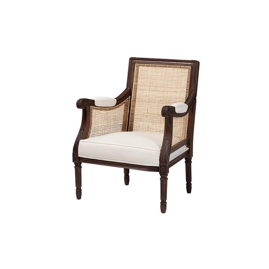 Traditional French Beige Fabric and Dark Brown Finished Wood Accent Chair