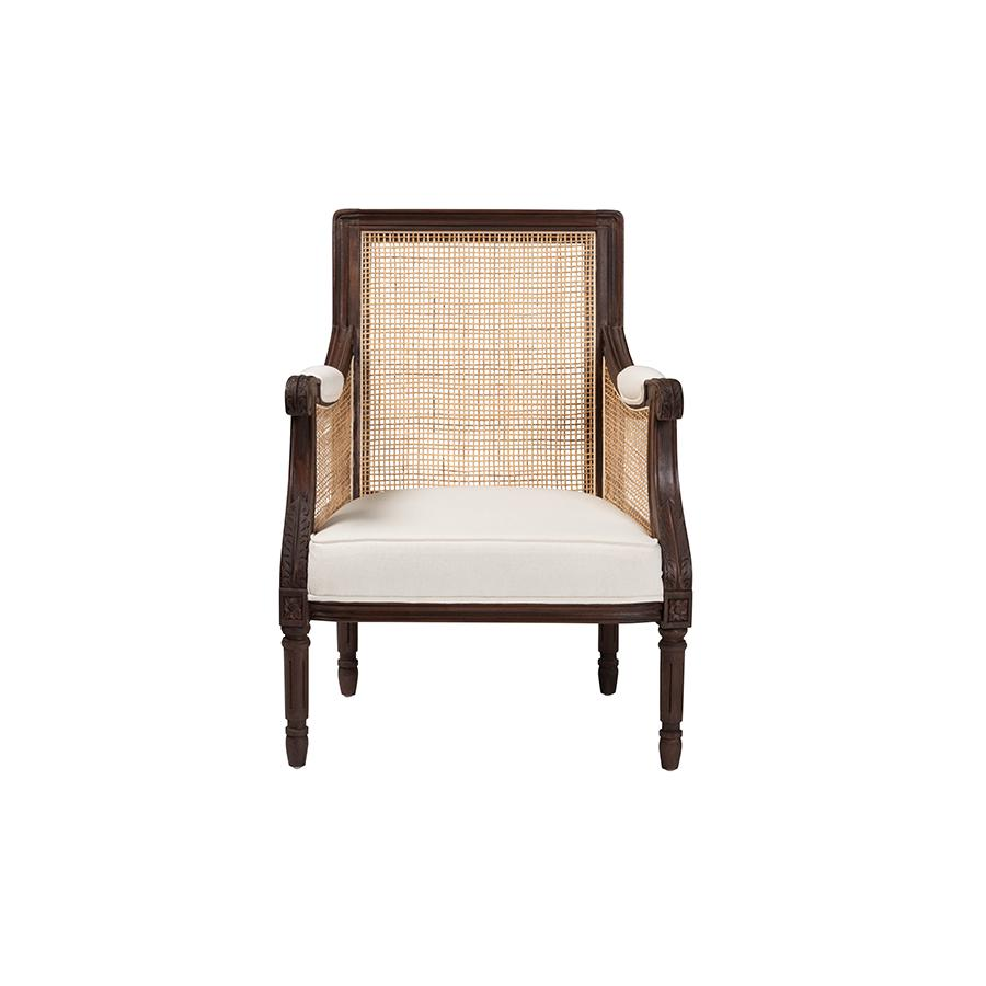 Traditional French Beige Fabric and Dark Brown Finished Wood Accent Chair