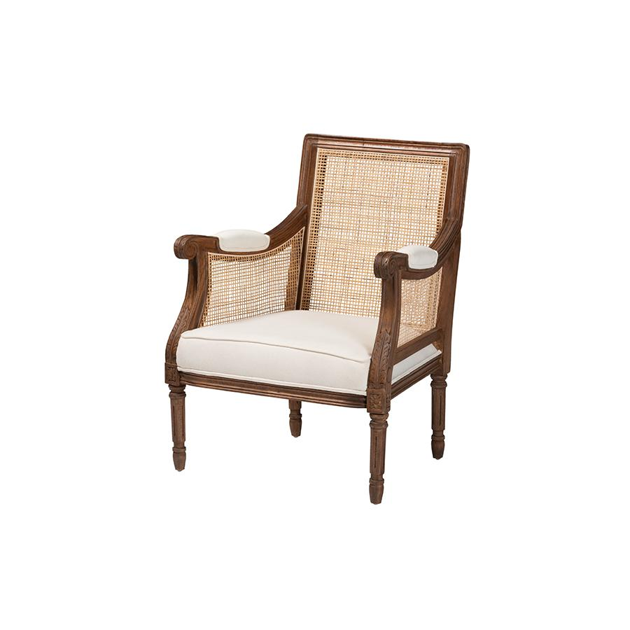 Traditional French Beige Fabric and Walnut Brown Finished Wood Accent Chair