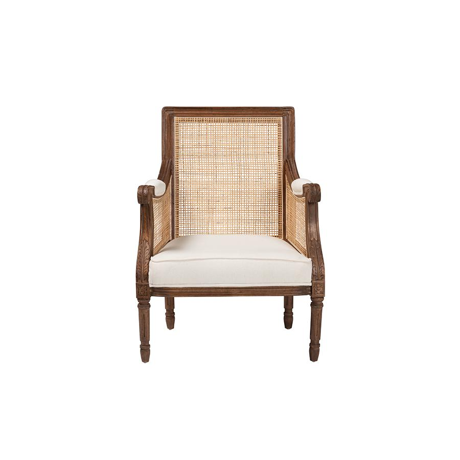 Traditional French Beige Fabric and Walnut Brown Finished Wood Accent Chair