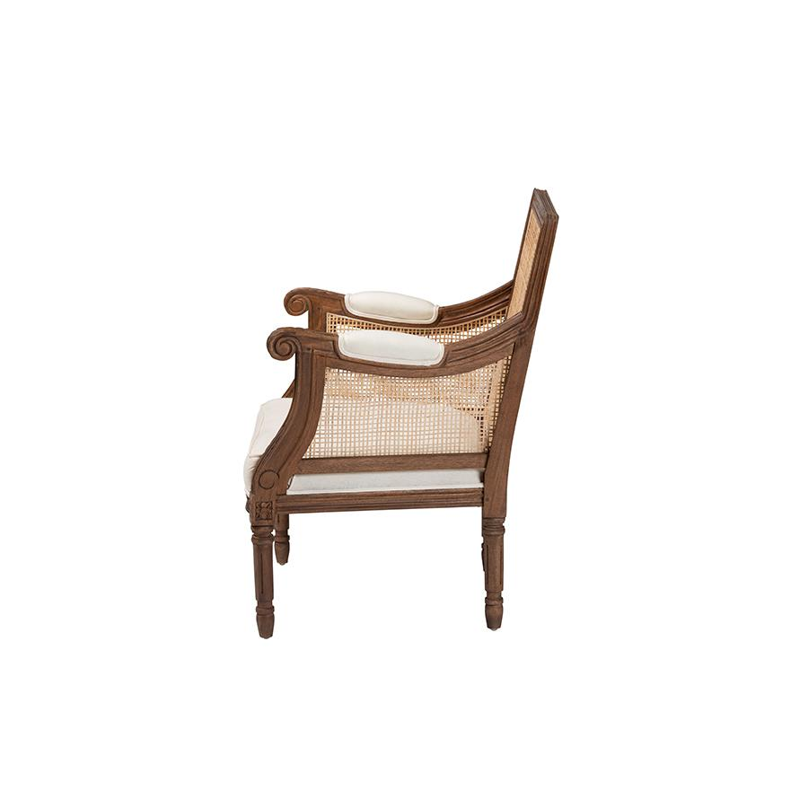 Traditional French Beige Fabric and Walnut Brown Finished Wood Accent Chair