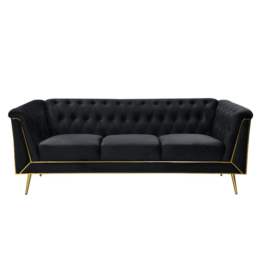 Ninian Black Velvet with Gold Accent Sofa