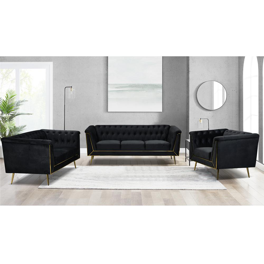 Ninian Black Velvet with Gold Accent Sofa