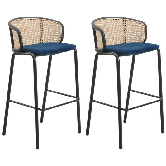 Wicker Bar Stool with Fabric Seat and Black Powder Coated Steel Frame, Set of 2