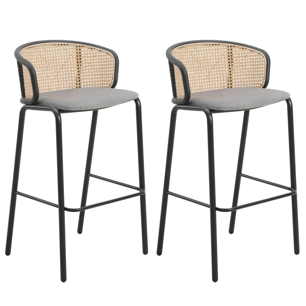 Wicker Bar Stool with Fabric Seat and Black Powder Coated Steel Frame, Set of 2