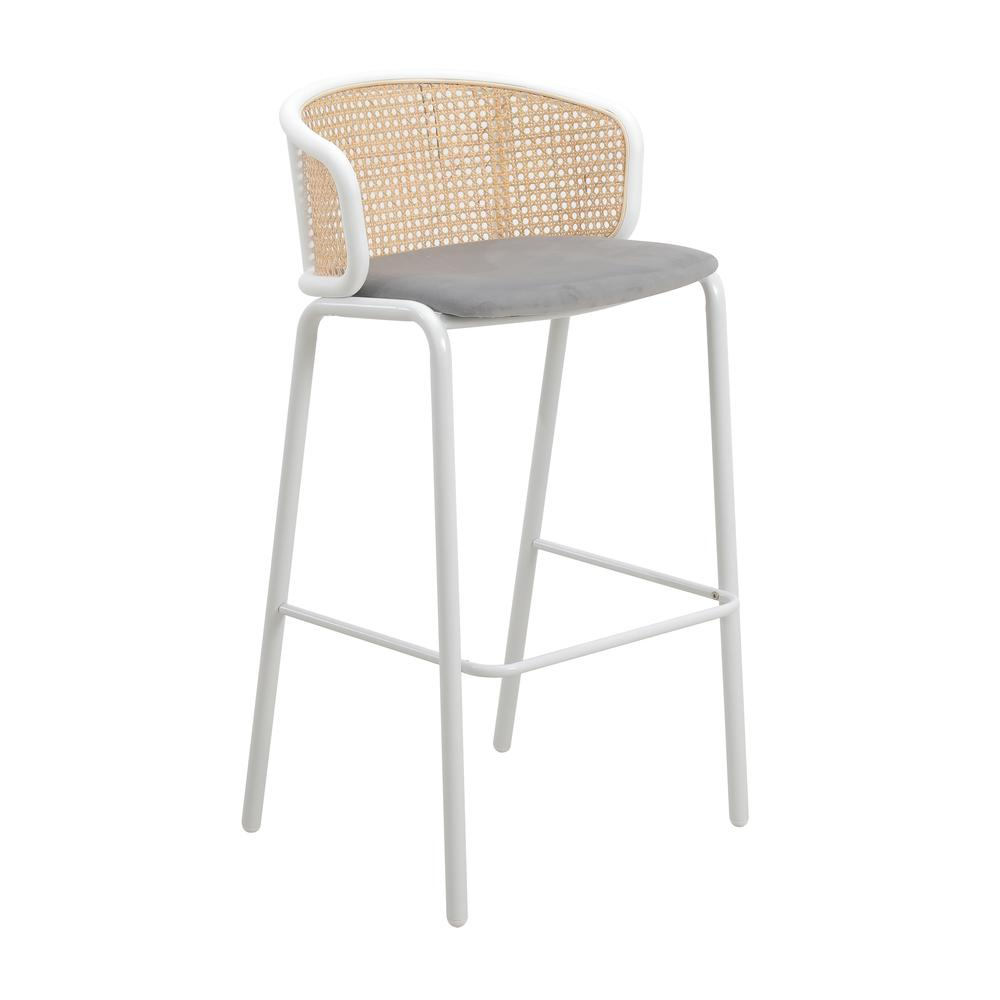 Wicker Bar Stool with Fabric Seat and White Powder Coated Steel Frame