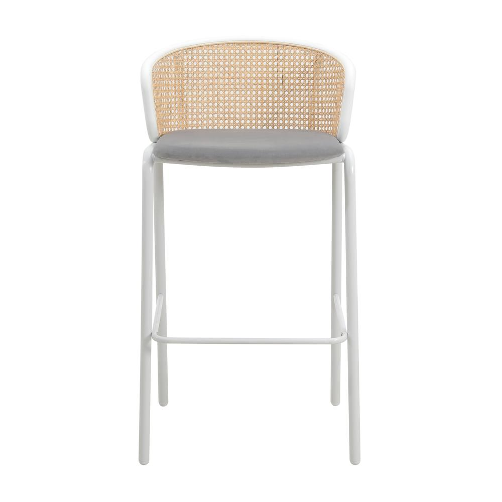 Wicker Bar Stool with Fabric Seat and White Powder Coated Steel Frame