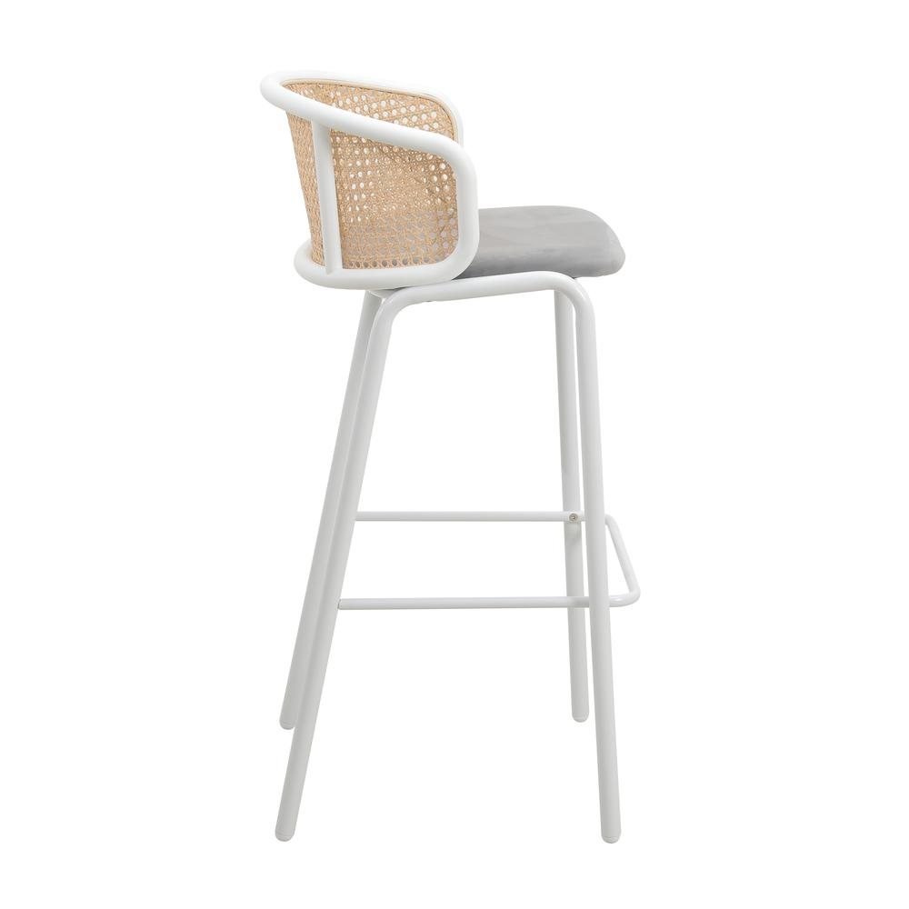 Wicker Bar Stool with Fabric Seat and White Powder Coated Steel Frame