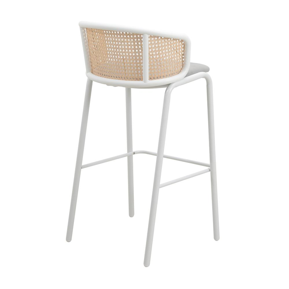 Wicker Bar Stool with Fabric Seat and White Powder Coated Steel Frame