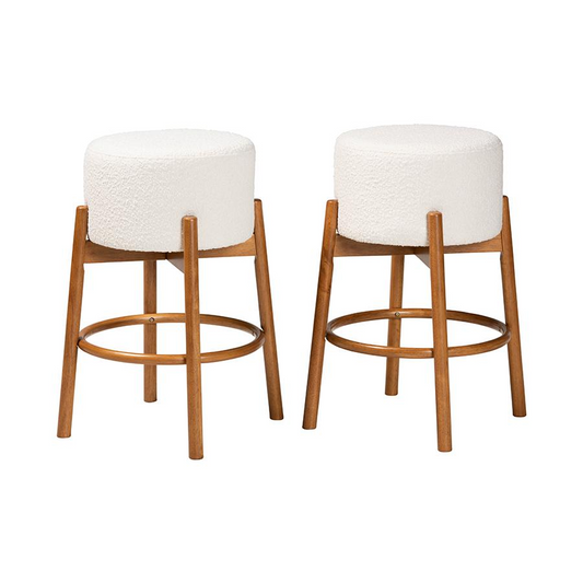 Japandi Cream Boucle Fabric and Walnut Brown Finished Wood 2-Piece Bar Stool Set